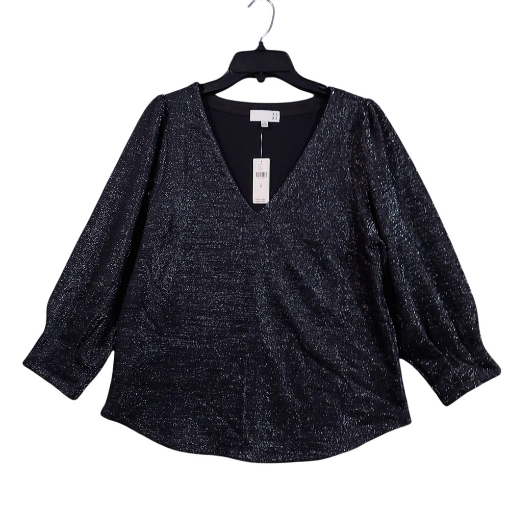 Ro & De Blouse Women Medium Black Metallic V-Neck Puff Sleeve KGQ400859 NWT